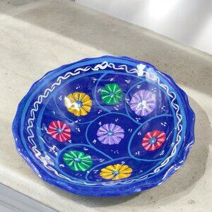 Vintage Hand Made Mexico Folk Art Pottery Footed Bowl Dish Multicolor Blue Dish